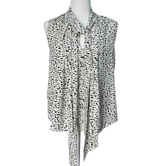 ROBERT RODRIGUEZ Womens 2 White Black Silk Brushstroke Layered Tie Neck Blouse - Picture 1 of 13
